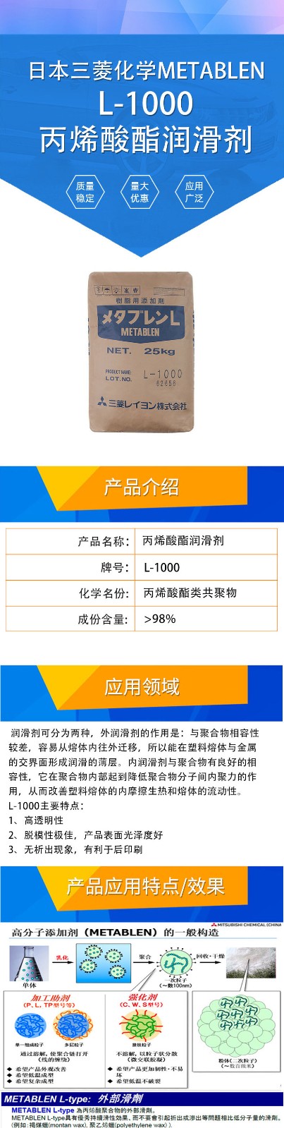 丙烯酸酯類潤滑劑 三菱L-1000 PVC用標準加工助劑 不析出外潤滑劑